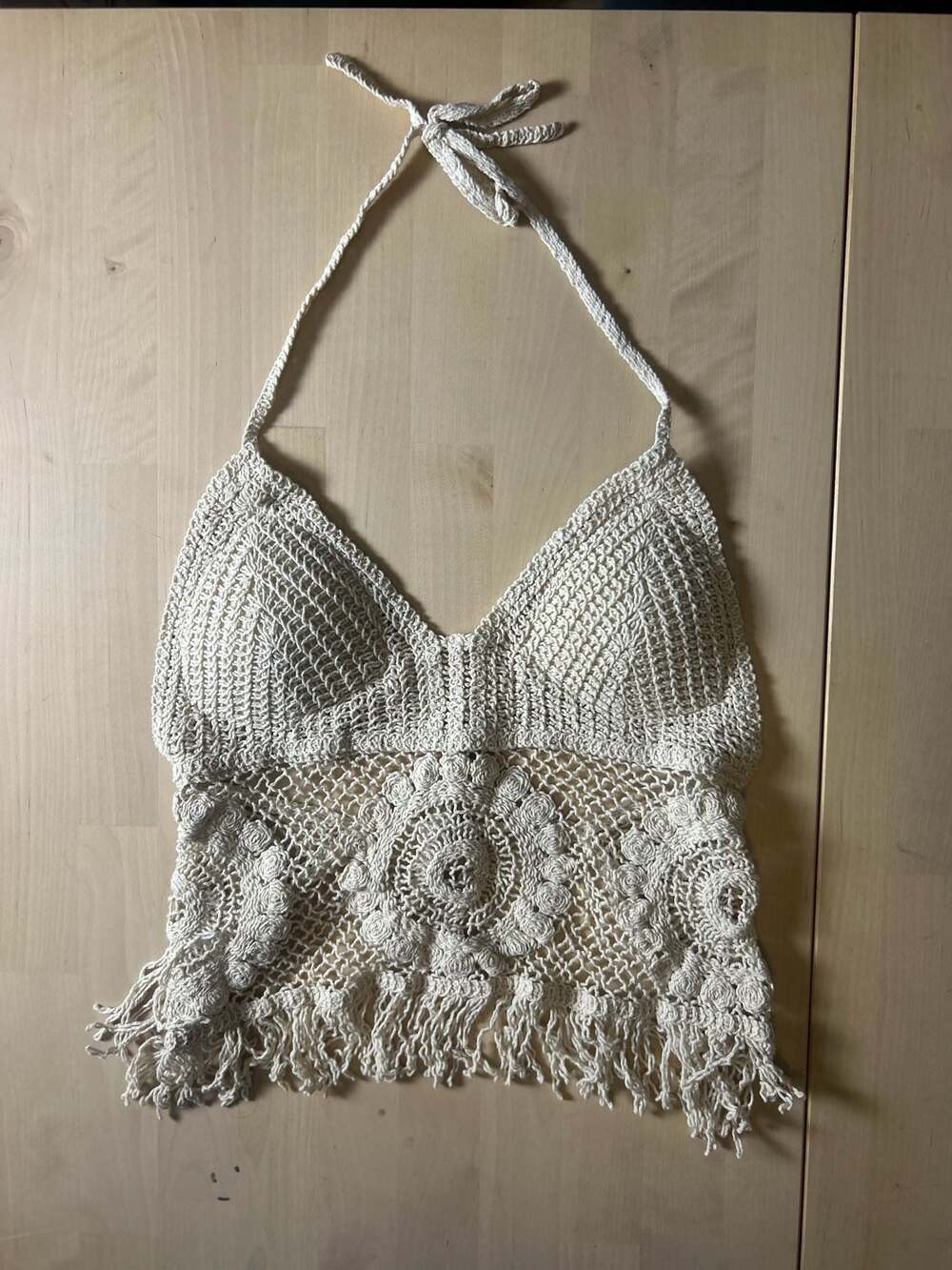 Floral Pattern Fringe Trim Halter Push Up Crochet Top